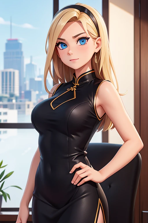 long black cheongsam dress,blonde blue eyes,white people,evil female executive,A little more adult
