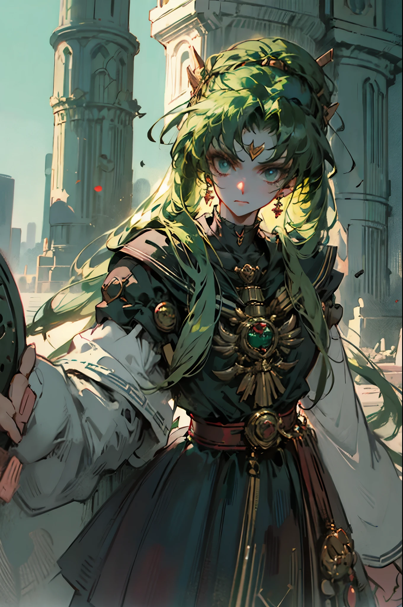 Black Kakalot Female, Green Hair, Look at Viewer, ancient tower