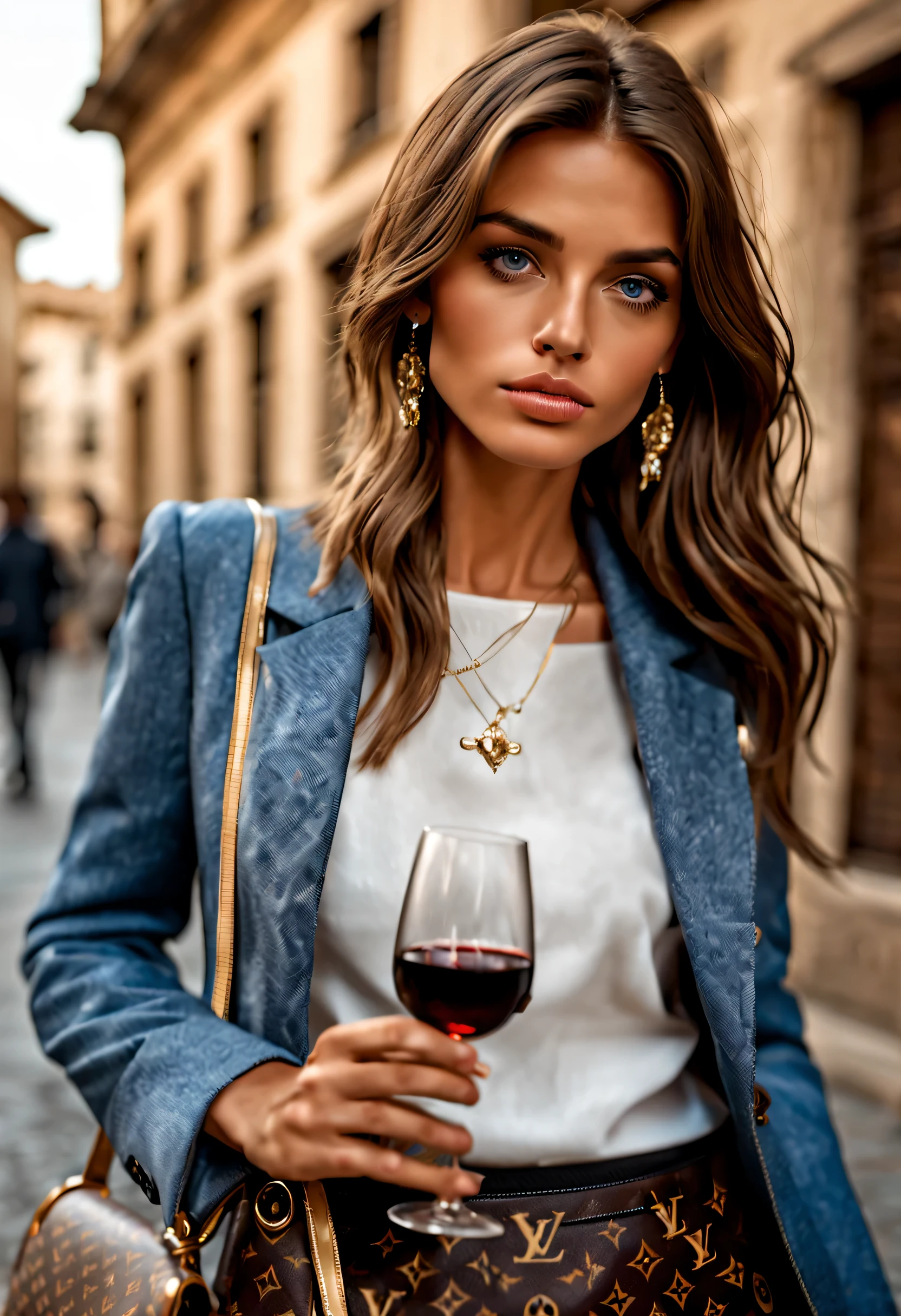 masterpiece, 1 extremely beautiful girl outside in Italy, in Milan, holding a glass of wine in her right hand, dressed extremely fashionable from Louis Vuitton, 20 years old, detailed eye, brunette with blue undertones, curve cut hairstyle, top-quality, high resolution (Realisticity: 1.4) tall ( 5 ft 9), skinny, fit, tanned, beautiful hands, long legs, tanned, detailed blue eyes, cinematic lighting, european beauty, italian, super beauty, beautiful skin, body facing forward (A hyper-realistic). (8K). (detailed). (beautifully detailed eyes), (ultra-detailliert), (wall-) (Natural smile), beautiful white teeth, very beautiful hair. A detailed face, bright lighting, professional lighting, facing straight ahead. (The outfit is  extremely fashionable from Louis Vuitton). Extremely realistic photo
