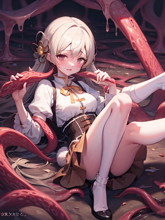 masterpiece, High- sharpness, Best quality at best, 1girl, solo, tottering, Beautiful udder, Legs with rich lines, sobbing, worried, mami tomoe, wantun-tentacles,tentacles, tentacle on neck, choking, fluttering skirt, white panties