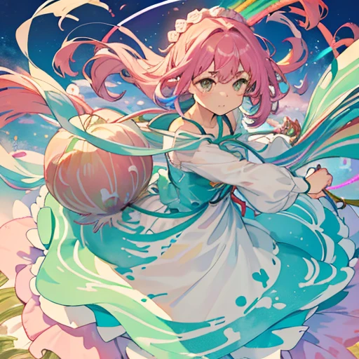 girl、Provide especially large watercolor dyes、large colorful oversized bouquet、amazing dynamism、amazing angle、Pastel sandstorm of unstable buoyancy、(((A lot of gentle oversized cotton is closely connected and chased.)))、((surround each other&#39;branched rainbow onion))、Joy