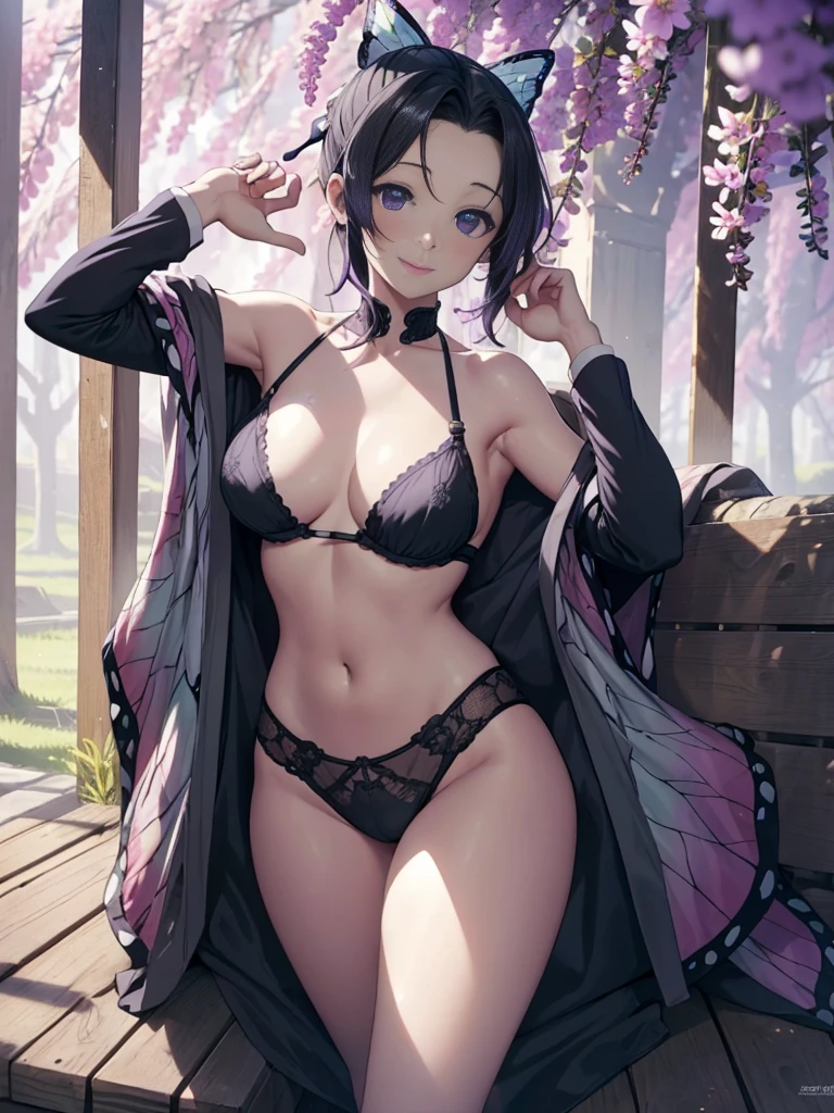 Super realistic 8kCG，T Masterpiece，（（highly detailed background，delicate pattern，intricate details）），best quality，extremely detailed man，highly detailed eyes and face，highly detailed eyes，Kocho Shinobu，colorful hair，No bangs，hair intake，black eye，caps，black shirt，black panties，（bikini），butterfly，strip strip，（Trepical Garden：1.2），purple flowers，mostly cloudy sky，Light of the sun，Tyndall effect，Slope_heaven，Beautiful sky，saber on waist，seductive posture，（big and full breasts:1.3)，（split:1.3)，（Off-the-shoulder costumes:1.5),smile, Appearance from behind, butt sticking out、I&#39;m not wearing underwear、I&#39;m not wearing a bra、I&#39;m not wearing pants、Thin pubic hair is fully visible、Nipples are fully visible、No clothes are worn from the chest down、Completely naked、naked、not wearing any clothes、Stand with your legs straight、I&#39;m not wearing anything on my legs、exposed bare skin