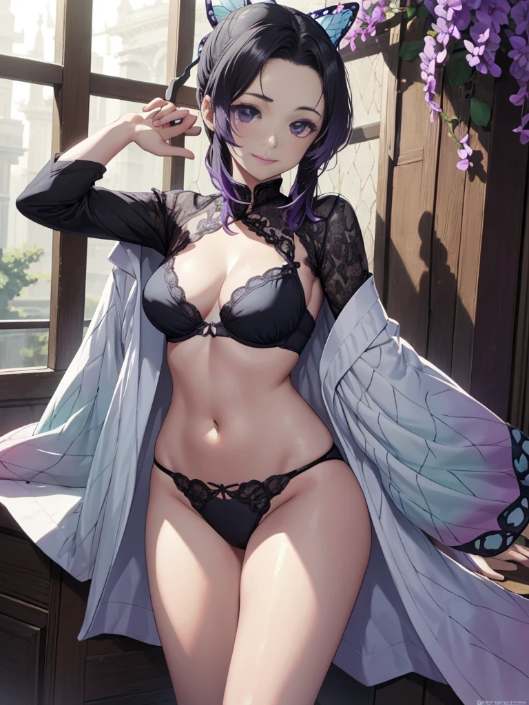 Super realistic 8kCG，T Masterpiece，（（highly detailed background，delicate pattern，intricate details）），best quality，extremely detailed man，highly detailed eyes and face，highly detailed eyes，Kocho Shinobu，colorful hair，No bangs，hair intake，black eye，caps，black shirt，black panties，（bikini），butterfly，strip strip，（Trepical Garden：1.2），purple flowers，mostly cloudy sky，Light of the sun，Tyndall effect，Slope_heaven，Beautiful sky，saber on waist，seductive posture，（big and full breasts:1.3)，（split:1.3)，（Off-the-shoulder costumes:1.5),smile, Appearance from behind, butt sticking out、I&#39;m not wearing underwear、I&#39;m not wearing a bra、I&#39;m not wearing pants、Thin pubic hair is fully visible、Nipples are fully visible、No clothes are worn from the chest down、Completely naked、naked、not wearing any clothes、Stand with your legs straight、I&#39;m not wearing anything on my legs、exposed bare skin