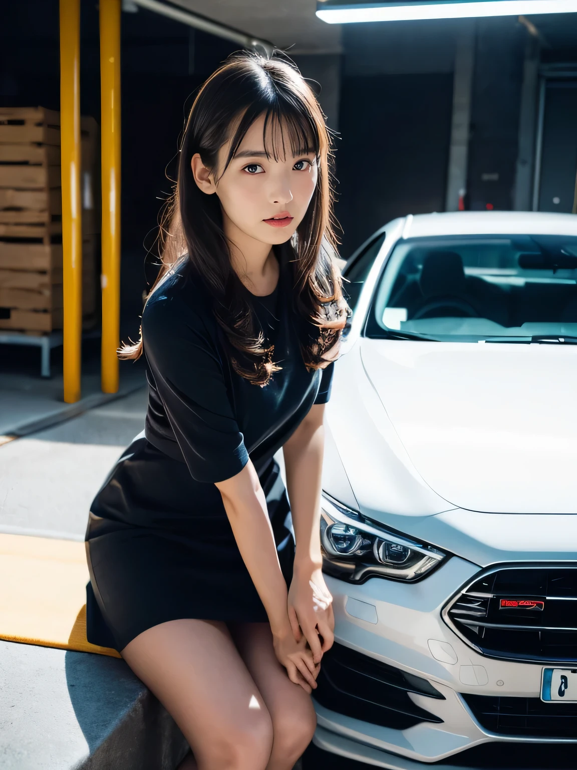 8k quality, masterpiece, live action, realistic human feel, realistic skin texture, natural skin, empty dimly lit warehouse, Japanese woman with long, silky straight black hair with glistening skin, bangs, wearing a miniskirt dress, (sitting on the hood of a car!) ), ray tracing, cinematic lighting, backlighting