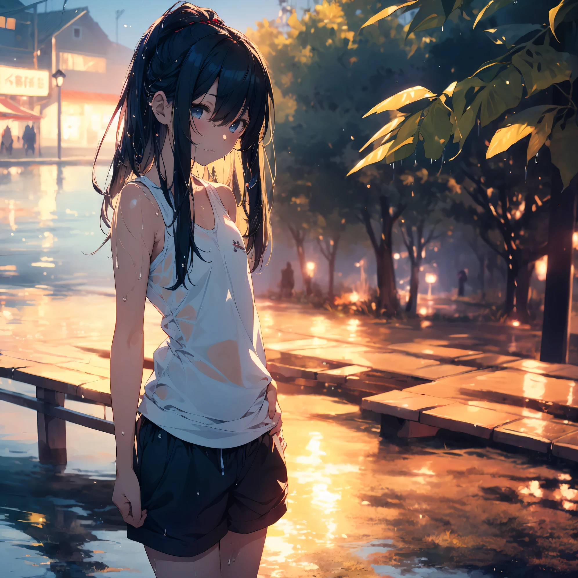 ultra-Top-quality by art God, ultra-detailed, high resolution, ilya kuvshinov style, anime moe artstyle, best anime 8k konachan wallpaper, pixiv contest winner, perfect anatomy,break,(nsfw,Please draw a picture of a girl wearing transparent clothes soaked in the rain, taking shelter in the shade of a tree.),break,1girl,kawaii,(Solo,Loli face,11 years old:1.3),a junior high school student, Ponytail,Full limbs,complete fingers,flat soft chest, Small butt, androgynous charm, Small eyes,Beautiful detailed black eyes,groin,((see through Tank top,Shorts:1.2)),((wet,nipples are visible:1.5)),rainy, In the park at night,break,super detailed skin,shiny skin,Best lighting by famous artists, 8K,cute Illustration.