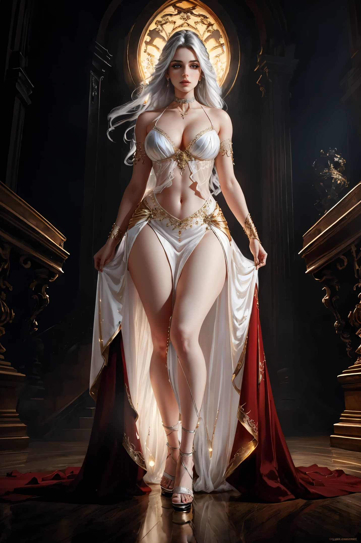 masterpiece, highest quality, (perfect face:1.1) , (high detail:1.1), dramatic, 1 beautiful woman ((( Anne Hathaway:Selena Gomez:0.6))), metal gauntlets, breasts, white hair, red eyes, cleavage, long hair, curvy, large breasts, moon, see-through, night, dress, laced dress, thighs, exposed navel with piercings,red dress, laced choker, bare shoulders, wide hips, thick thighs, lips, covered, robe, pelvic curtain, thin pelvic curtain, toned pelvis, toned hips, milky hips, navel piercings, body piercings, huge breasts, muscles, big biceps, thigh muscles, half squatting, bruised knees, white Heels, white sandals, castle, detailed background, art by artgerm and greg rutkowski, cinematic lighting, glowing dress