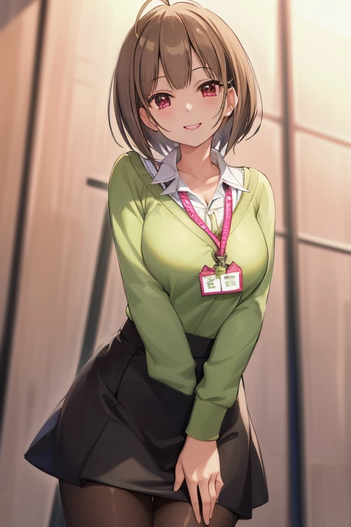 2D, masterpiece, highest quality, anime, highly detailed face, highly detailed eyes, highly detailed background, perfect lighting, whole body, 1 girl, alone, Harusaki Nodoka, collared shirt, Green sweater, black skirt, pantyhose, ID card, embarrassing, smile, Are standing, office 