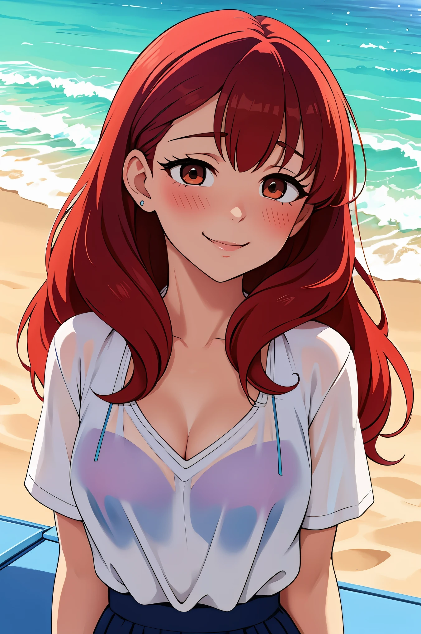 Anime style, Painting, absurderes、perfect anatomia、Hani , azur Bra visible、breasts out、long hair, ‎cleavage of the breastsmall breasts, on the beach, see-through, The shirt, red blush, smile, redhead, red hairs, azur string