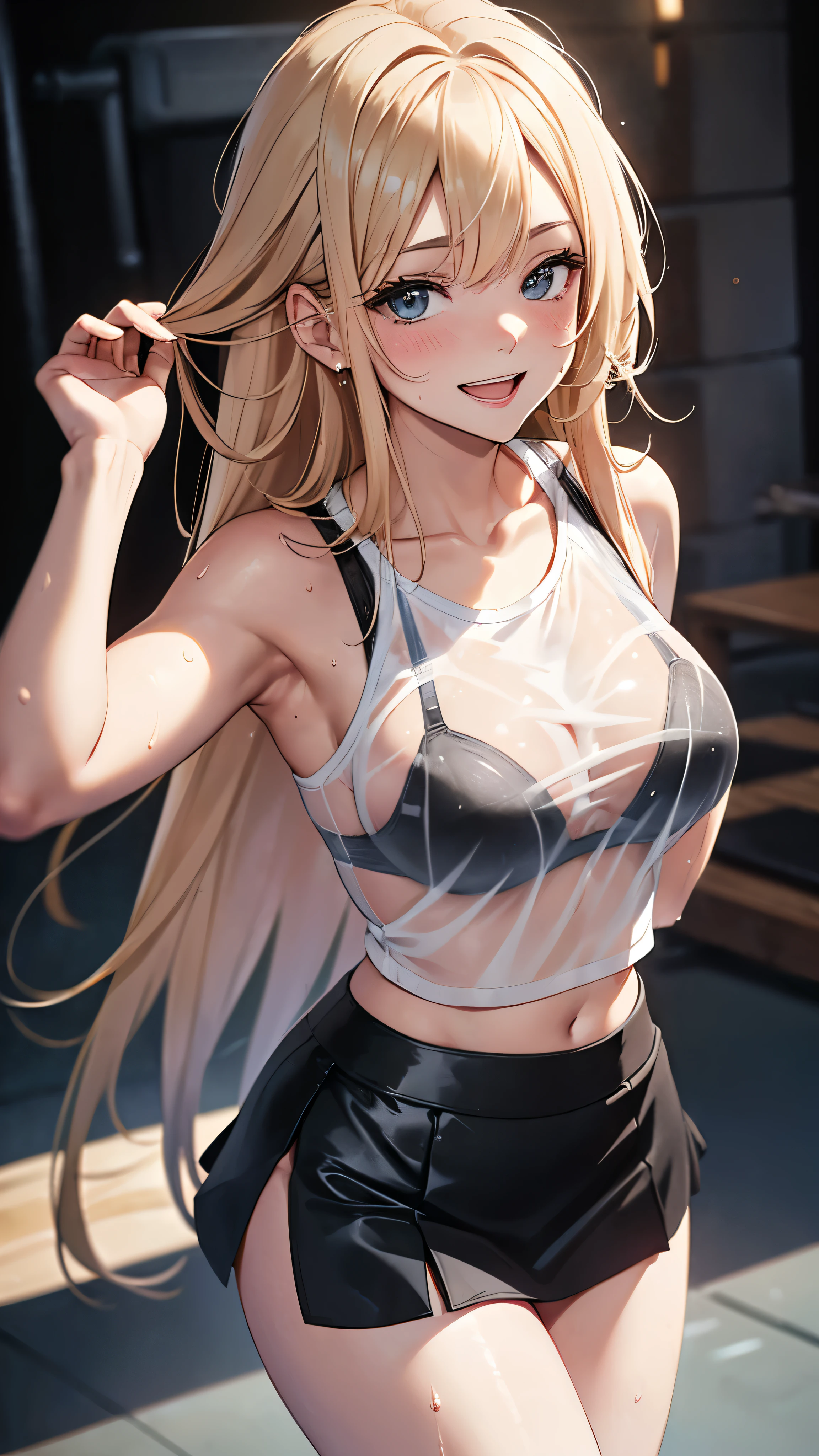 1 female,golden hair,25 years old,(((blue shiny micro tight skirt)))((white tank top))(((blush、open mouth smile)),(((straight hair))),(((portrait))),crowd,,(wet with sweat)(((sexy black bra and see-through tank top)))()(((small breasts)))