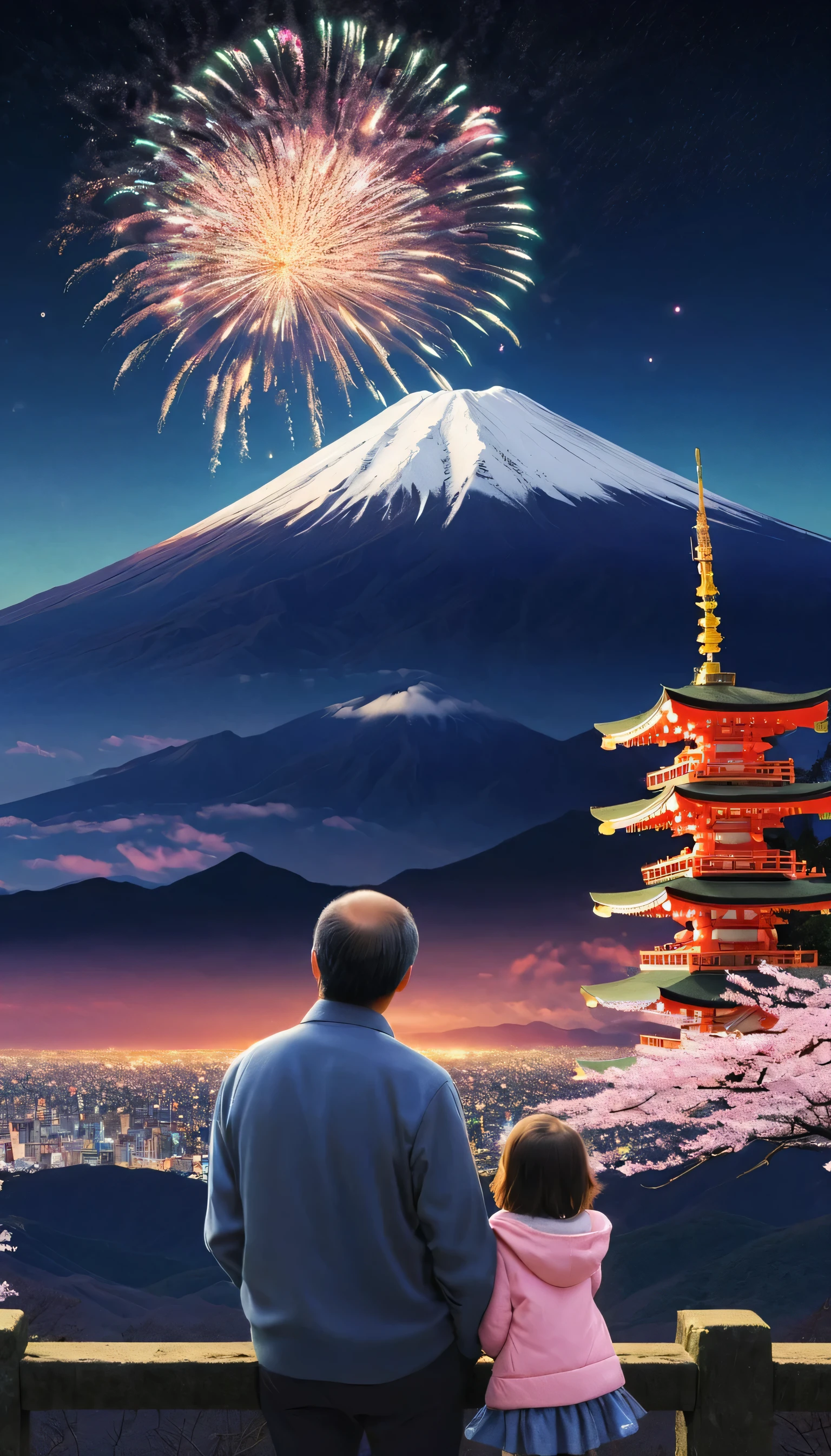 A father and his little daughter, enjoying fireworks in the night sky of Japan, Mountain Fuji is background, New Year event, candid photography, happy moment, best quality, 16k, ultra realistic, photorealistic, Realism, Portrait, New Year Celebration, from behind, aw0k euphoric style,