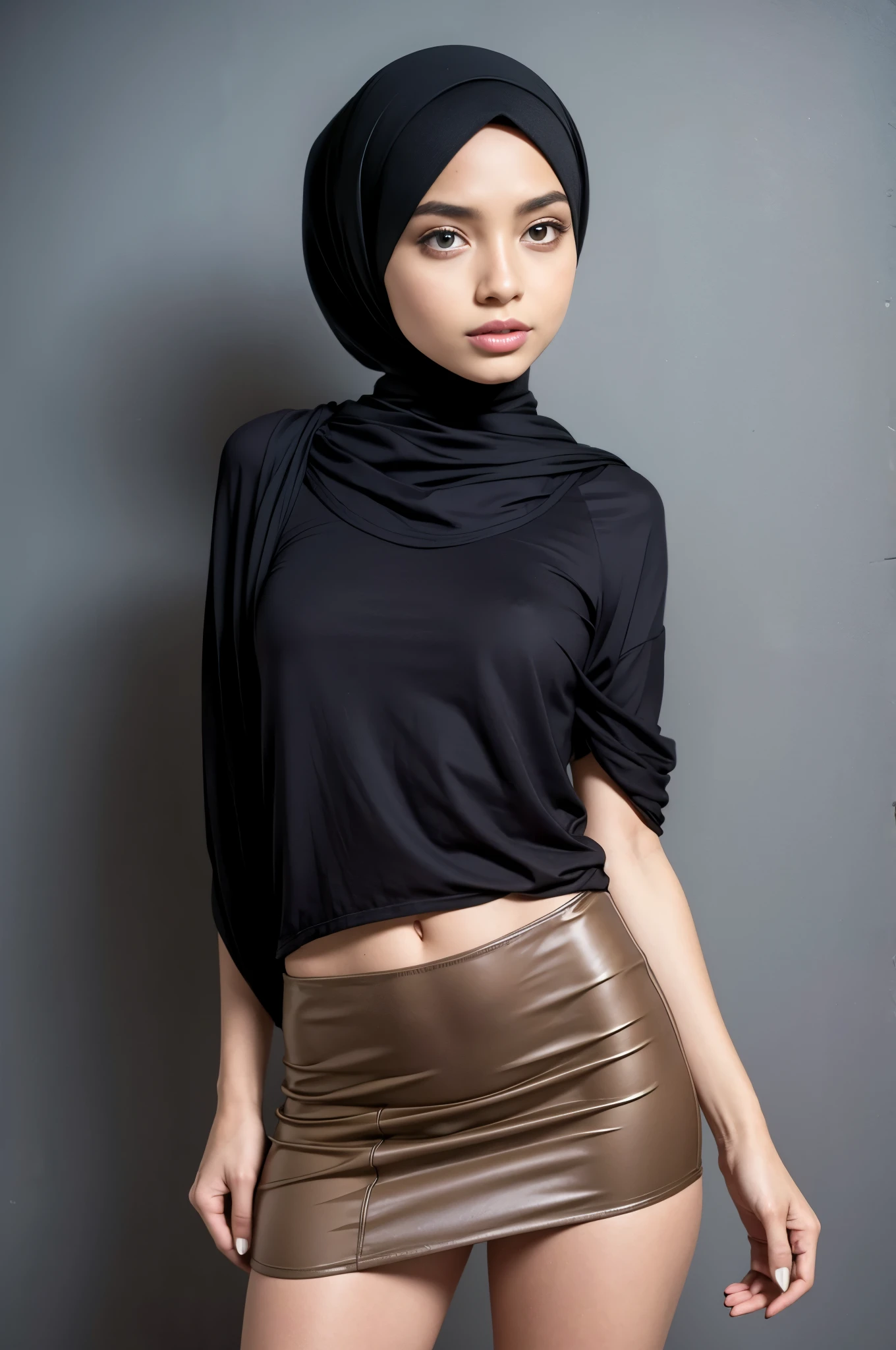 A sweet beautiful young Bogor city girl, 25 years old, sweet georgeus round childish face, white pale skins, big wide forehead, cute hawk type little nose, big round eyes, dark big mole under her eyes, very slim little body, slim legs, very slim buttock, straight neck short slim hairs, dark brownish small mouth, sensual thin uper lip, sensual heavy lower lip, small size age breasts, descent mixed from sundanese and javanese, shy and quite type girl, her name is Salma, she is ex local university student, nate thin straight medium black hairs with a bangs, sleeping down while siting spread legs on sofa at her home yard, she is very tired and exhausted after has a long journey, wearing messy hijab, wearing messy very thin long sleeve unbuttoned muslimah shirt and folded up unzipped skirt, wearing soft cup bra, wearing white thin panty, sunshine shining to all her body, cute sweet sleeping face, closed tired eyes, wearing glasses, wearing leather boots,