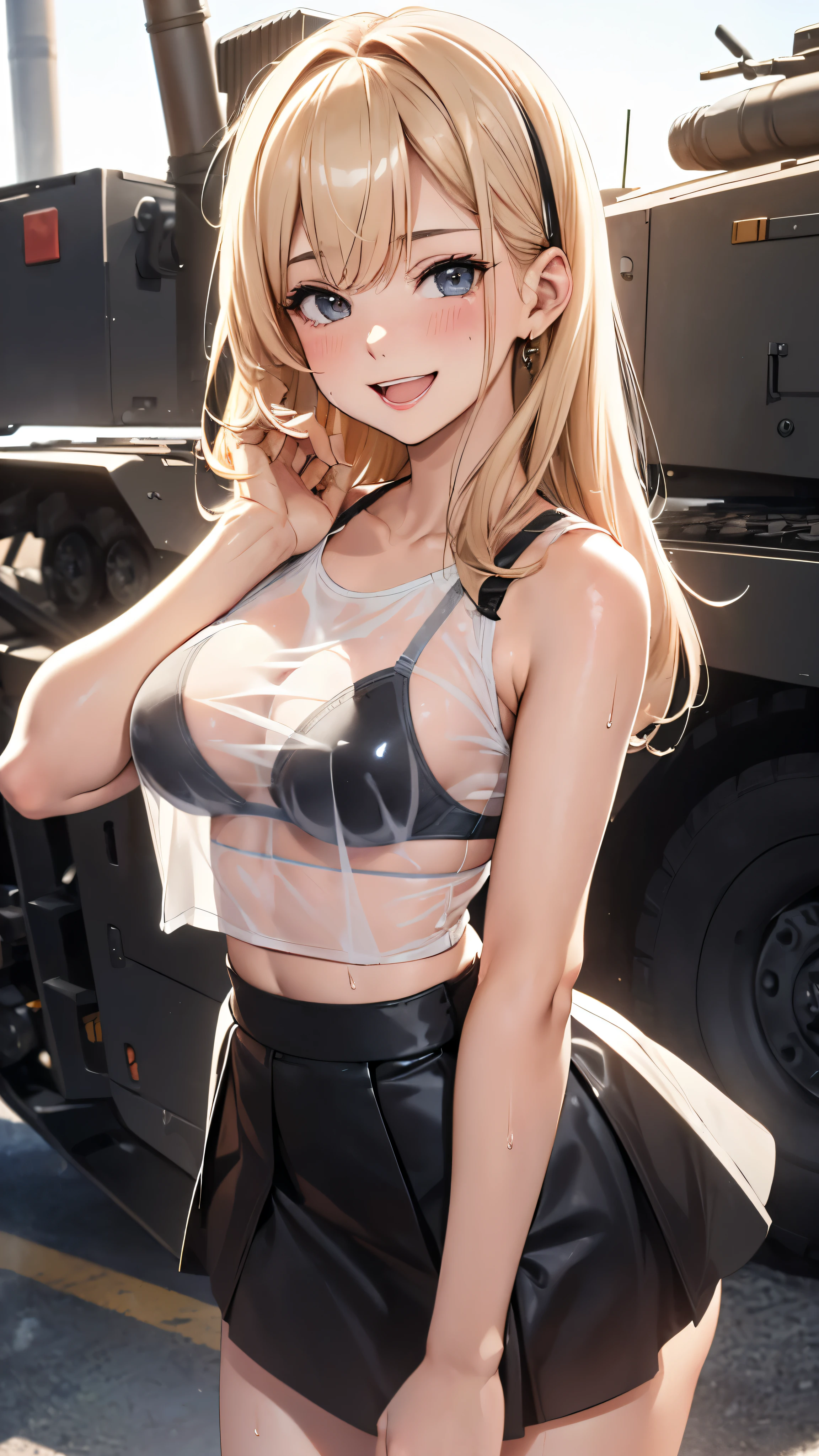 1 female,golden hair,25 years old,(((blue shiny micro tight skirt)))((white tank top))(((blush、open mouth smile)),(((straight hair))),(((portrait))),crowd,,(wet with sweat)(((sexy black bra and see-through tank top)))()(((small breasts)))