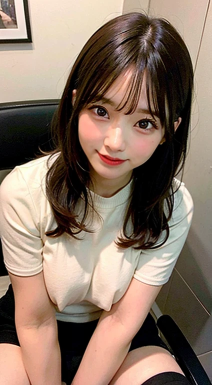 (8K, RAW photo:1.2),detailed face and eyes,最high quality, Super high resolution, very detailed ,intricate details ,muste piece ,pretty girl , soft movie-like light, hyper detail,sharp focus, high quality,Breasts out,long hair,black haired,NSFW, smile, zettai ryouiki, skirt, sit on a chair, spread your legs, show panties、student