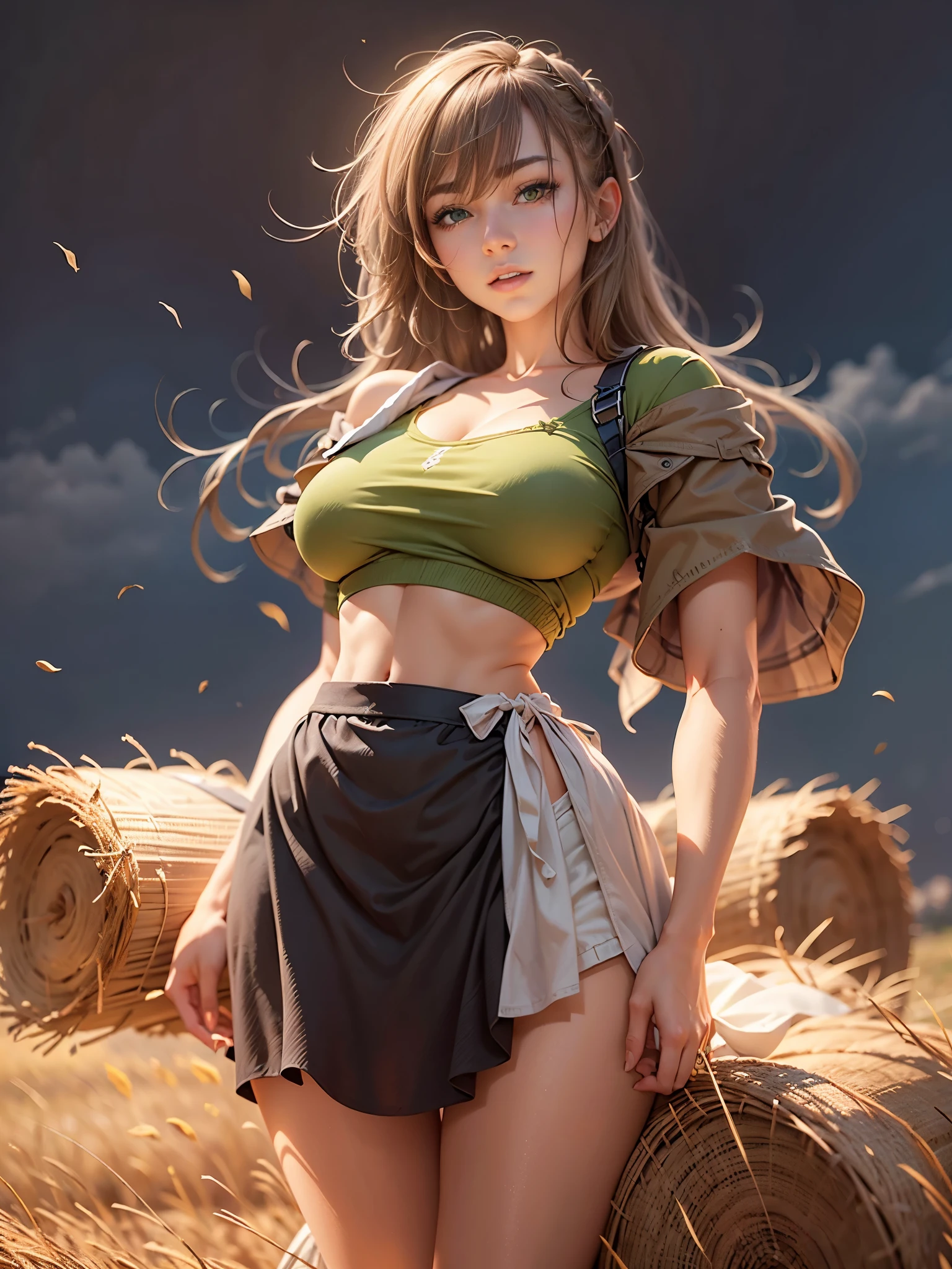 young beautiful woman, flawless skin, smooth skin, very large firm breasts, perfect proportions, peasant girl, she stands in the field between hay bales, sunshine, blue sky, green hills, anime, sexy, erotic, UHD resolution, realistic detail, realistic reflections, realistic shadows, 3D, masterpiece, art