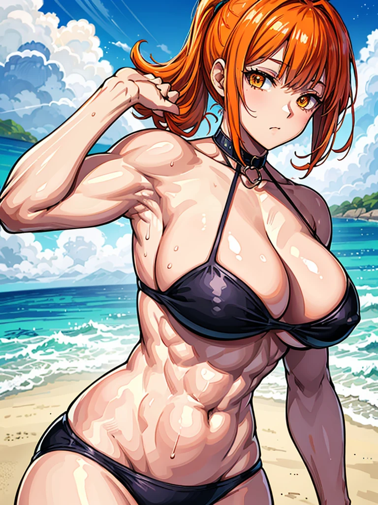 (((masterpiece、Highest image quality、highest quality、highly detailed unity 8kwallpaper)))、((Illustration of one girl))、(((beautiful girl)))、((orange hair、side pony、orange eyes))、(stocky build, thickset physique, muscular legs, broad shoulders, solid chest)、swimsuit、sandy beach