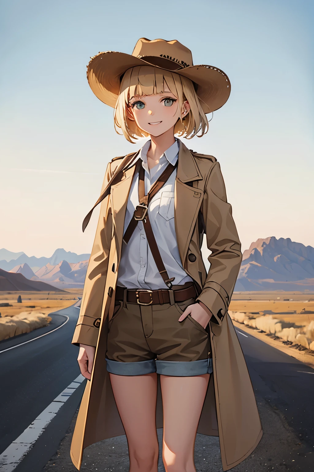 1girl, smiling, happy, standing on the side of the road, revolver on hip, short hair, blunt bangs, blonde hair, beige long coat, duster, brown shorts, rugged, brown cowboy hat, cowgirl, western, rural america, mid west, desert, masterpiece,
