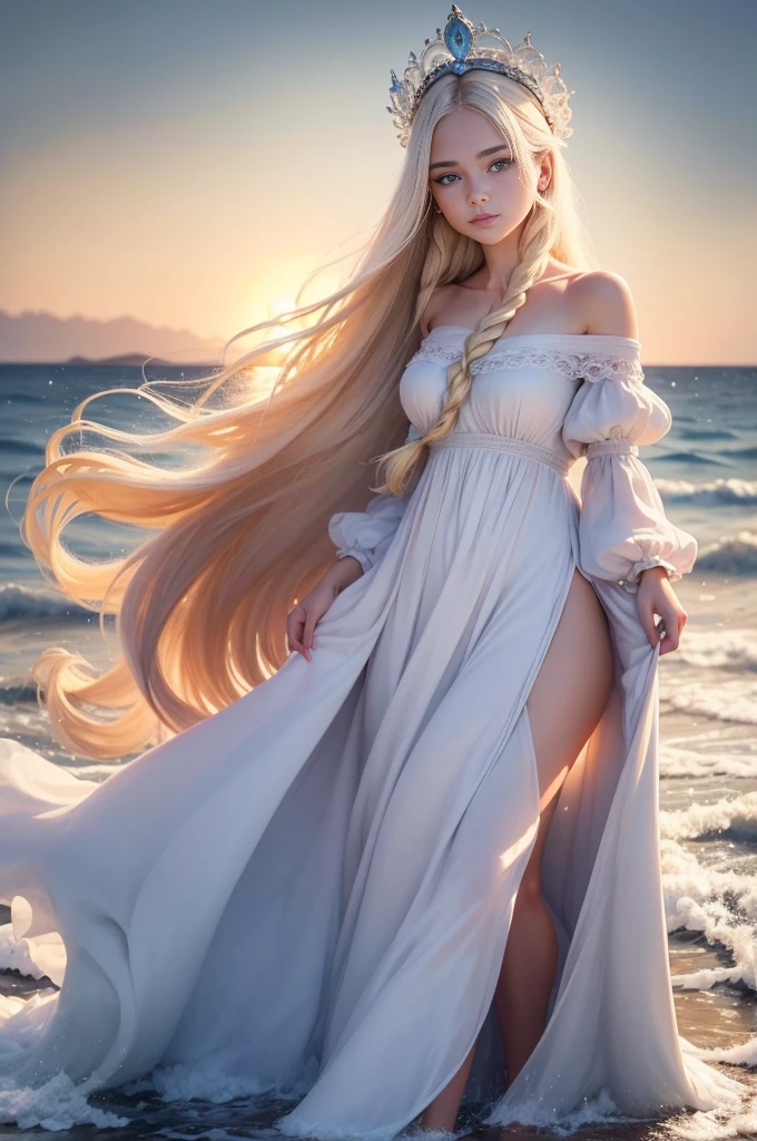 ,((Best quality))),8k,((Masterpiece)),(Extremely refined and beautiful), there is a girl coming out of the sea, a swan princess in Russian mythology, beautiful calm face, blue eyes, long blonde hair braided, the moon braided hair on the back of the head, white old Russian shiny clothes with a Kokoshnik crown on his head, affectionate eyes, half a smile, a gentle expression on his face, seascape and sunlight in the background, seagulls in the sky, full length, realism