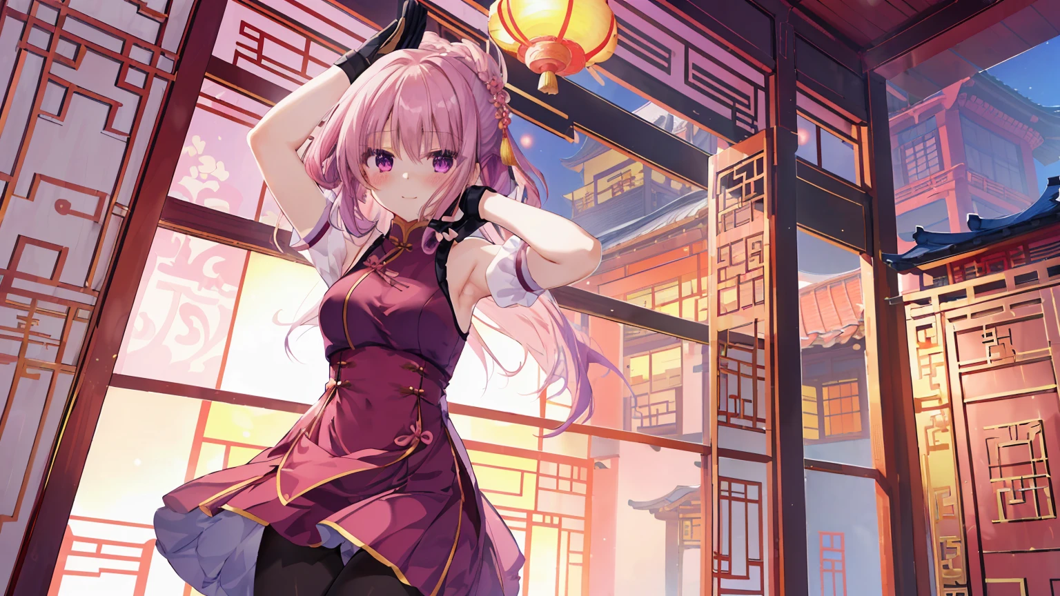 China Dress,Chinese buildings background, solo,an 18 year old girl,170cm height,45CM bust,Pink medium long hair,purple eyelack underwear,night,gentle,Smile, ((black pantyhose)),indoors,On a white bed,(((bare armlack gloveare arms,mitsukasa ayase,fighting pose,Blushing ,