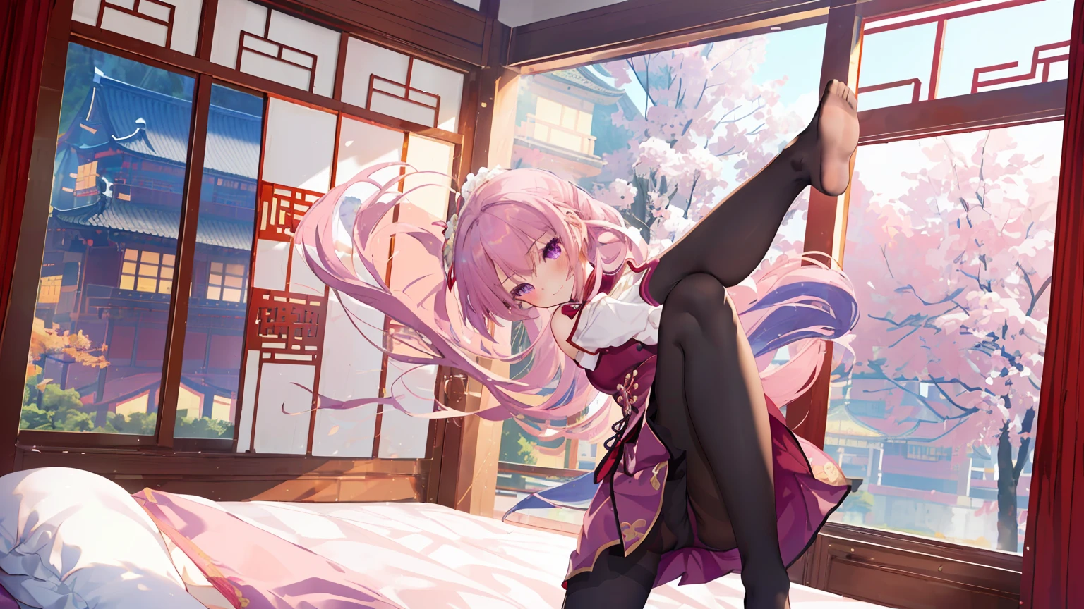 China Dress，Chinese buildings background， solo，an 18 year old girl，170cm height，45CM bust，Pink medium long hair，purple eyelack underwear，night，gentle，Smile， ((black pantyhose))，indoors，On a white bed，(((bare armlack gloveare arms，mitsukasa ayase，fighting pose，Blushing ，