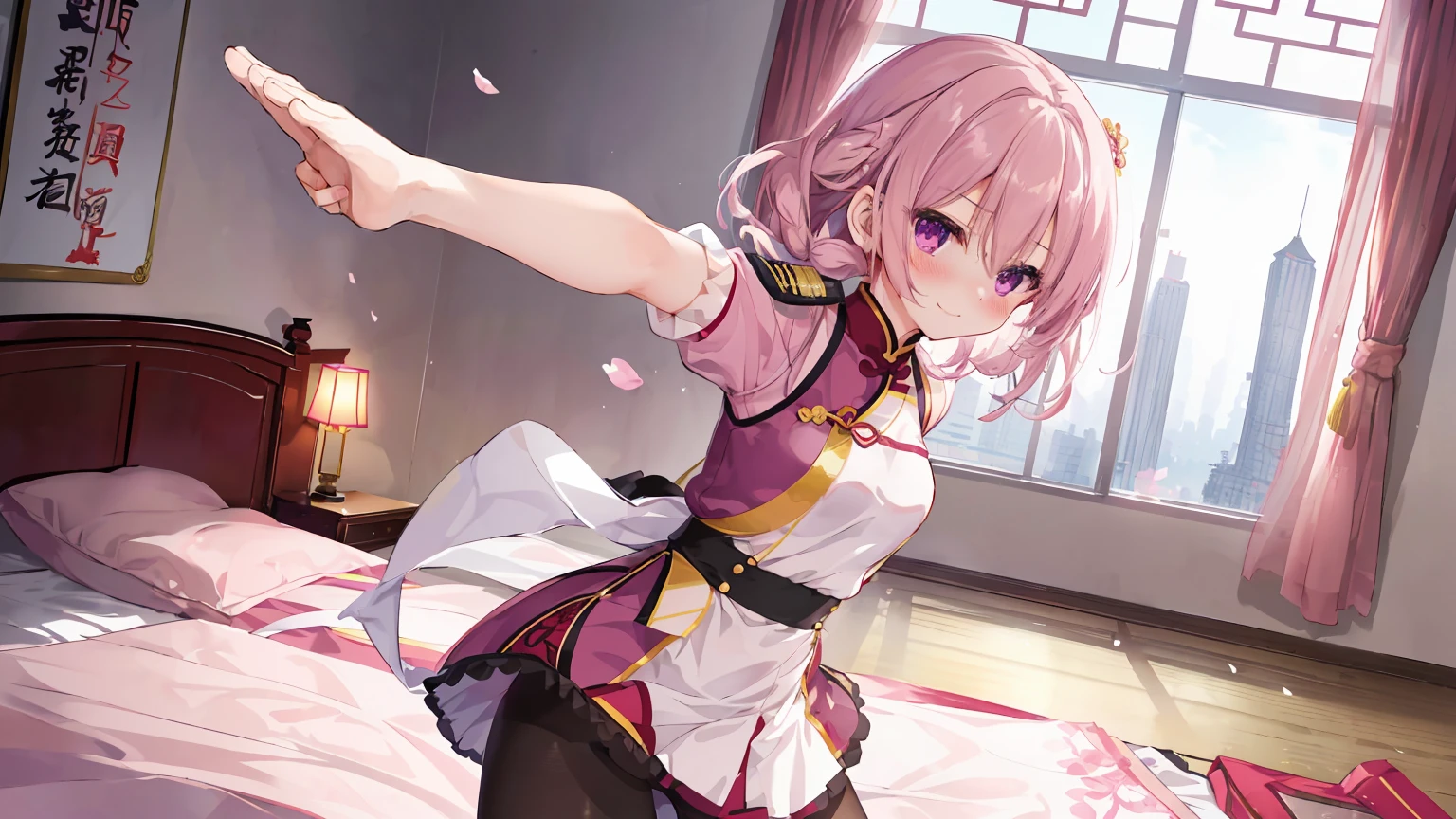 China Dress,Chinese buildings background, solo,an 18 year old girl,170cm height,45CM bust,Pink medium long hair,purple eyelack underwear,night,gentle,Smile, ((black pantyhose)),indoors,On a white bed,(((bare armlack gloveare arms,mitsukasa ayase,fighting pose,Blushing ,