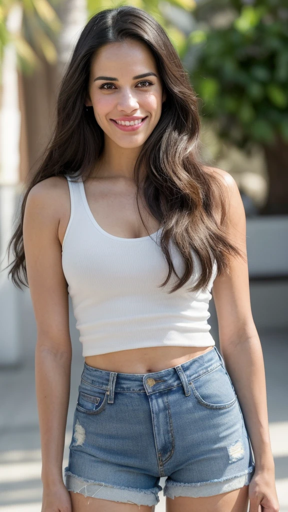 a woman with long hair smiling at the camera, 20 years old, this person does not exist, wearing a cotton tank top and ripped jean shorts with sandels, violet myers-valentina remenar-malika favre-alanis guillen-laura barriales-monica raymund-jenna dewan-chelsea gilligan-rakul preet singh-ana ortiz-arlyn broche-paula patton-jessica lowndes-victoria justice-sunny leone-melissa fumero-allison williams merged, entire body visible, full body, hyperrealistic, best quality, 8K, real human skin, masterpiece, extremely intricate, medium closeup, detailed eyes, detailed face, detailed body, exaggerated features, pronounced features