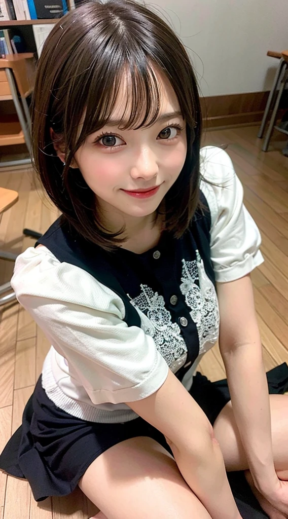 (8K, RAW photo:1.2),detailed face and eyes,最high quality, Super high resolution, very detailed ,intricate details ,muste piece ,pretty girl , soft movie-like light, hyper detail,sharp focus, high quality,Breasts out,bob cut,black haired,NSFW, smile, zettai ryouiki, skirt, sit on a chair, spread your legs, show panties、student