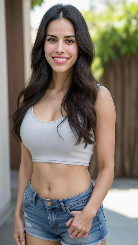 a woman with long hair smiling at the camera, 20 years old, this person does not exist, wearing a cotton tank top and ripped jean shorts with sandels, violet myers-valentina remenar-malika favre-alanis guillen-laura barriales-monica raymund-jenna dewan-chelsea gilligan-rakul preet singh-ana ortiz-arlyn broche-paula patton-jessica lowndes-victoria justice-sunny leone-melissa fumero-allison williams merged, entire body visible, full body, hyperrealistic, best quality, 8K, real human skin, masterpiece, extremely intricate, medium closeup, detailed eyes, detailed face, detailed body, exaggerated features, pronounced features