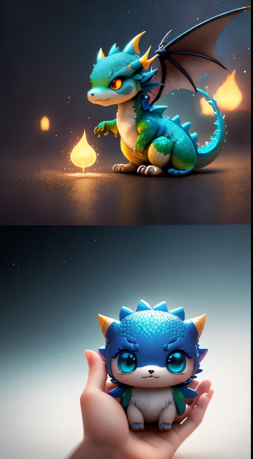 Gorgeous tiny hyperrealistic dragon with realistic eyes and bright different colors splashing his wings of fire, Chibi, adorable and cute, logo design, cartoon, cinematic lighting effect, charming, 3D vector art, cute and quirky, fantasy art, bokeh, hand drawn, digital painting, soft lighting, isometric style, 4K resolution, photorealistic rendering, highly detailed cleaning, vector image,  photorealistic masterpiece, professional photography,  space scenery, isometric, vibrant vector,look at view