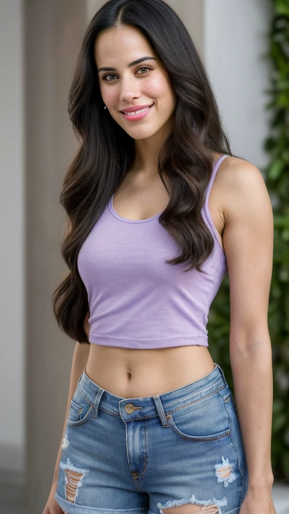 a woman with long hair smiling at the camera, 20 years old, this person does not exist, wearing a cotton tank top and ripped jean shorts with sandels, violet myers-valentina remenar-malika favre-alanis guillen-laura barriales-monica raymund-jenna dewan-chelsea gilligan-rakul preet singh-ana ortiz-arlyn broche-paula patton-jessica lowndes-victoria justice-sunny leone-melissa fumero-allison williams merged, entire body visible, full body, hyperrealistic, best quality, 8K, real human skin, masterpiece, extremely intricate, medium closeup, detailed eyes, detailed face, detailed body, exaggerated features, pronounced features