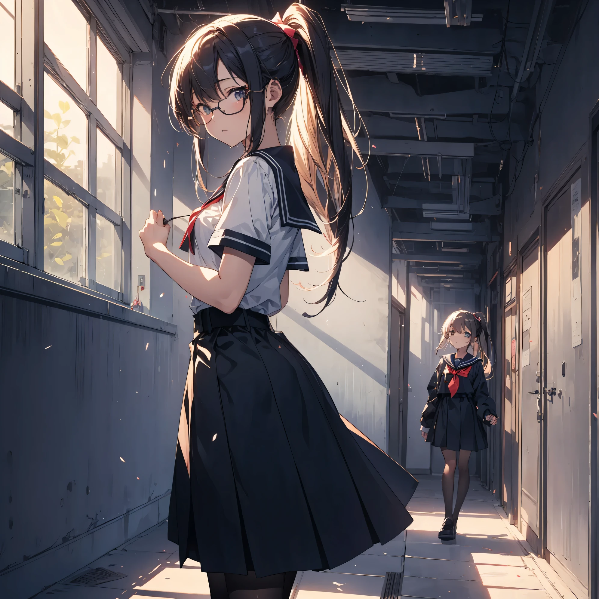 ultra-Top-quality by art God, ultra-detailed, high resolution, guweiz style, anime moe artstyle, best anime 8k konachan wallpaper, pixiv contest winner, perfect anatomy, break,(Please draw a picture of a girl walking through the school building alone.),break, a hyperrealistic schoolgirl, (Solo,,15-year-old:1.3),Full limbs, complete fingers,a high school student, ((wearing glasses)), ponytail, medium soft chest, slim body, Small butt, groin, Small eyes,beautiful detailed black eyes, well-proportioned iris and pupils, highres detailed hair, ((sailor uniform)),in the school,break,super detailed skin,Best lighting by famous artists, 8K,Illustration.
