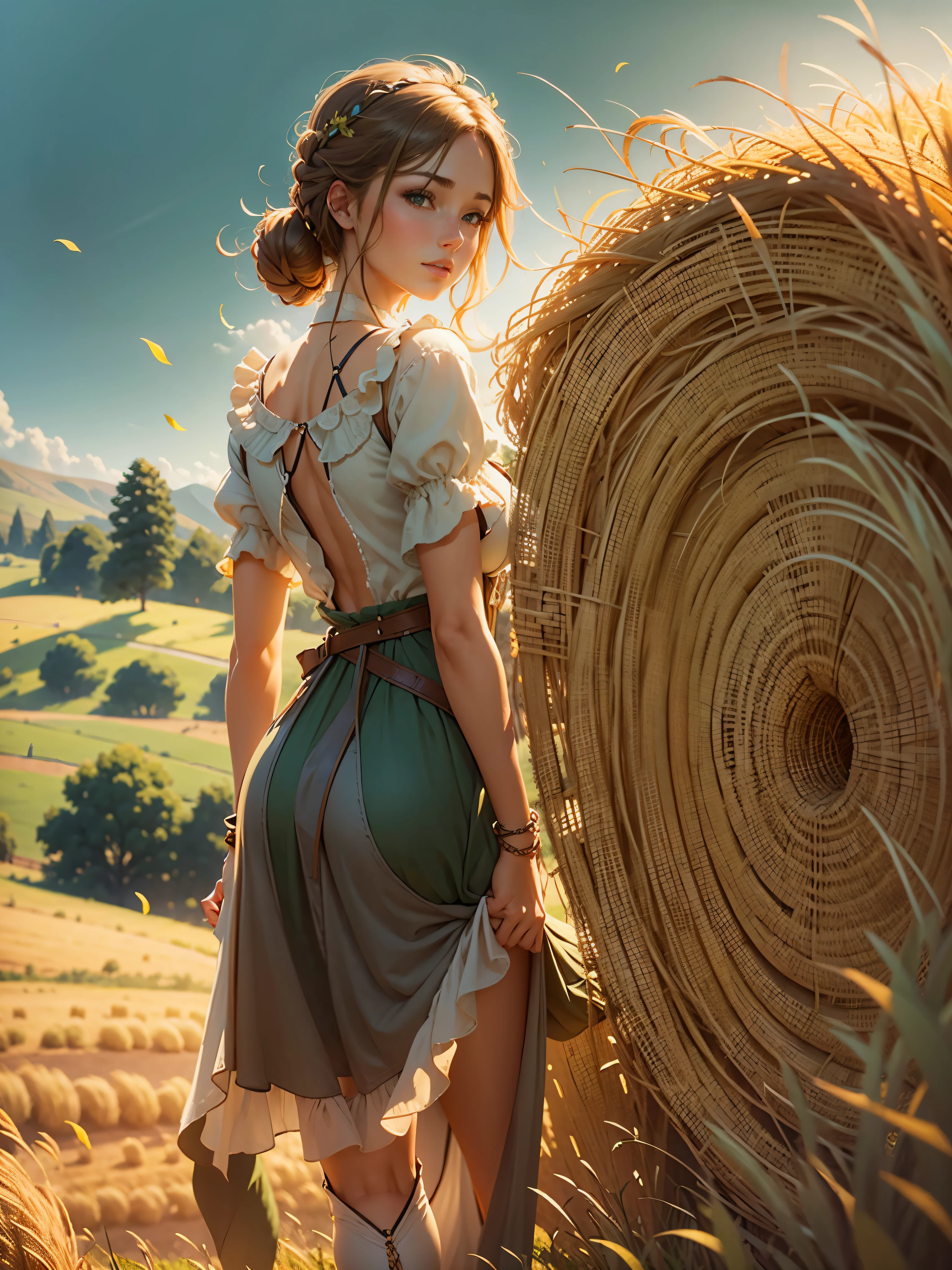 young beautiful woman, flawless skin, smooth skin, very large firm breasts, perfect proportions, peasant girl, she stands in the field between hay bales, sunshine, blue sky, green hills, anime, sexy, erotic, UHD resolution, realistic detail, realistic reflections, realistic shadows, 3D, masterpiece, art