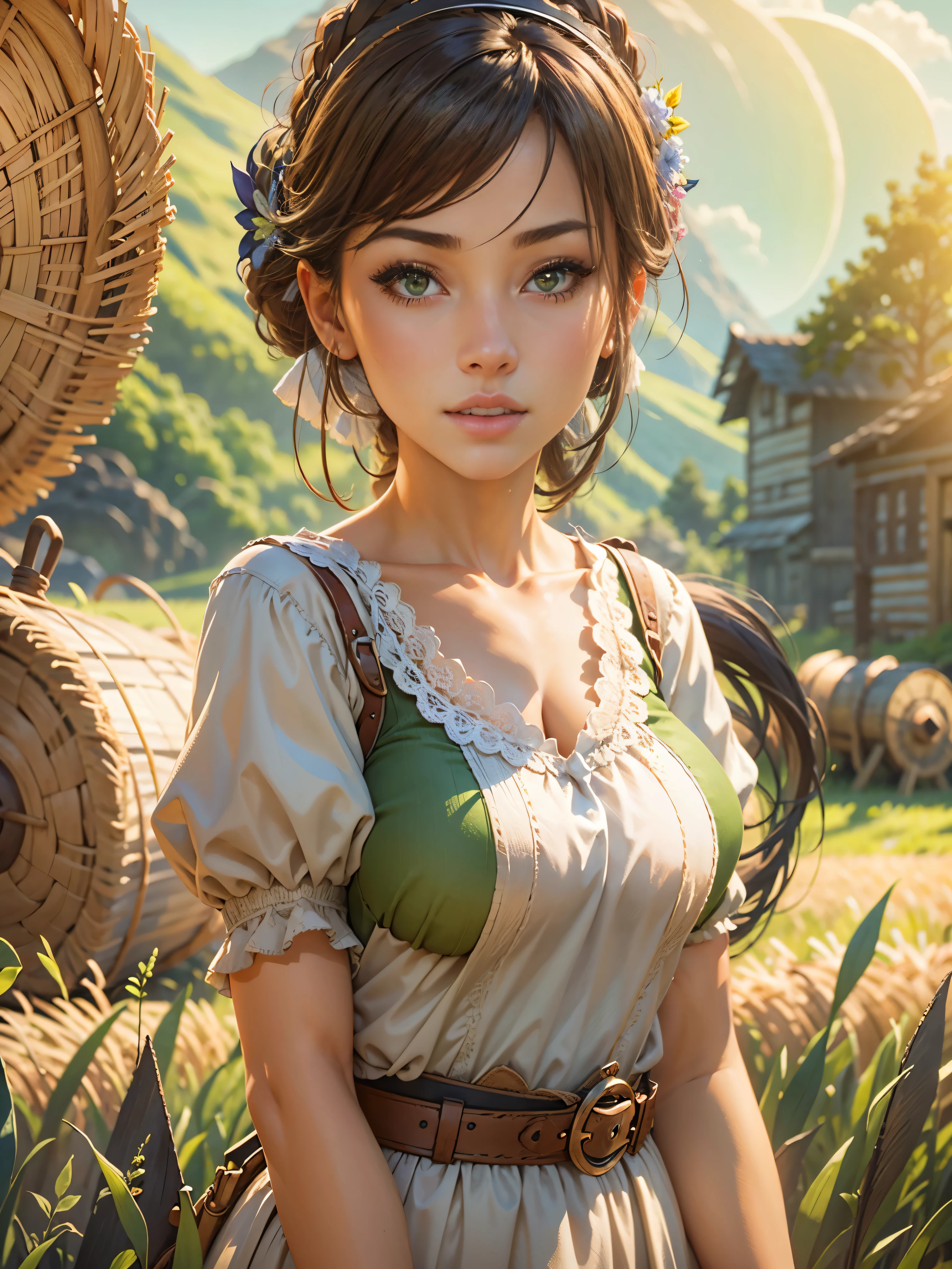 young beautiful woman, flawless skin, smooth skin, very large firm breasts, perfect proportions, peasant girl, she stands in the field between hay bales, sunshine, blue sky, green hills, anime, sexy, erotic, UHD resolution, realistic detail, realistic reflections, realistic shadows, 3D, masterpiece, art