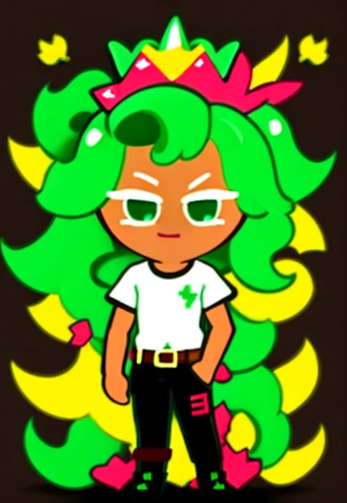 Kiwi Cookie eat Nacho Cheese on Taco Bell, Light Green Hair, Medium Hair, Short Ponytail, Red Shirt, Long Black Pants