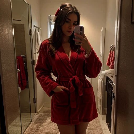 sexy woman in a Christmas themed bathrobe, mirror selfie