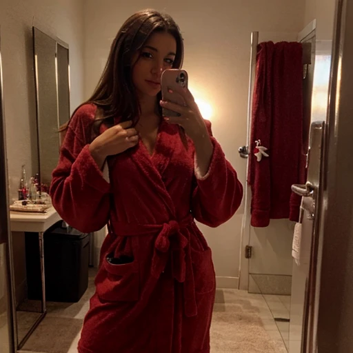 sexy woman in a Christmas themed bathrobe, mirror selfie