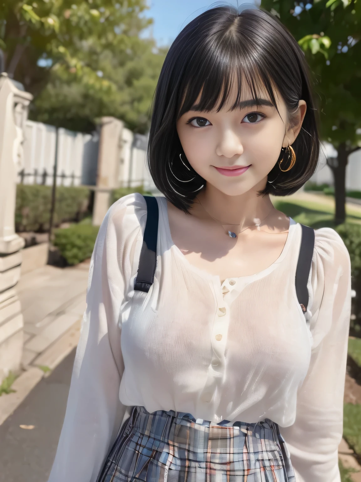 (surrealism, RAW photo, nikon, 8K, Super detailed, masterpiece, advanced details, intricate details, Super detaileded, realistic lighting),
(anatomically correct, High-precision human body, highly detailed face, realistic skin, realistic depiction of characters),
(, Japanese younger sister, Japanese high school girl, slim waist and busty body, baby face, Sister Girl, Affectionate and cute, pretty girl, Surreal Girl),
(round face, black hair, short bob cut, see-through bangs, lowered eyebrows, troubled eyebrows, lowered eyebrows, Moist eyes, 1 small earring, light blush),
(Elegant smile),
(Colorful long-sleeved shirt, plaid maxi long skirt),
Natural light, full length, whole body