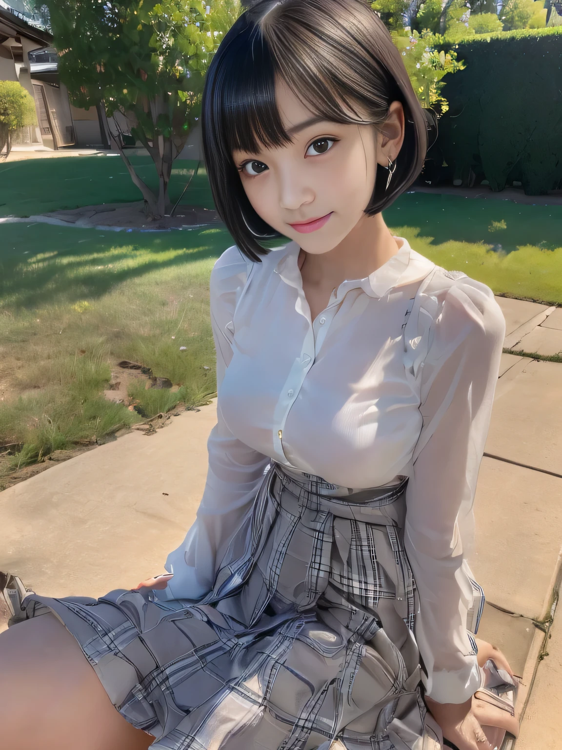 (surrealism, RAW photo, nikon, 8K, Super detailed, masterpiece, advanced details, intricate details, Super detaileded, realistic lighting), 
(anatomically correct, High-precision human body, highly detailed face, realistic skin, realistic depiction of characters), 
(16 years old, Japanese younger sister, Japanese high school girl, slim waist and busty body, baby face, Sister Girl, Affectionate and cute, pretty girl, Surreal Girl), 
(round face, black hair, short bob cut, see-through bangs, lowered eyebrows, troubled eyebrows, lowered eyebrows, Moist eyes, 1 small earring, light blush), 
(Elegant smile), 
(Colorful long-sleeved shirt, plaid maxi long skirt), 
Natural light, full length, whole body