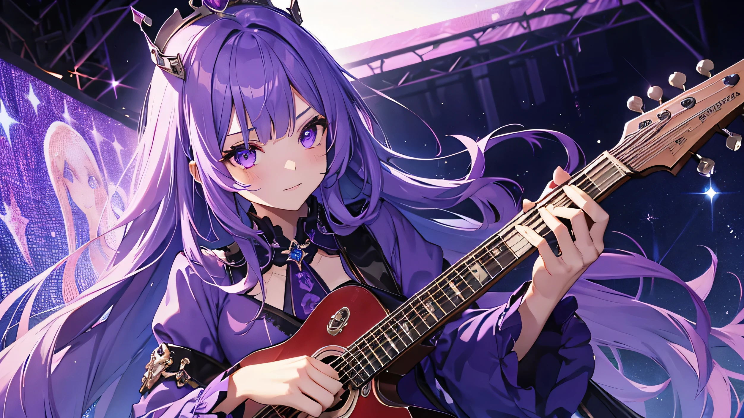 Girl singing girl with musical instrument guitar girl with hair tied up two ponytails girl purple hair cute appearance gotc clothes purple hair girl wide hips thick thighs curvy voluptuous big breasts muscular body purple hair red eyes cat ear playing purple guitar with gotc clothes dress look embarrassed curly hair with two ponytails girl with short physical stature