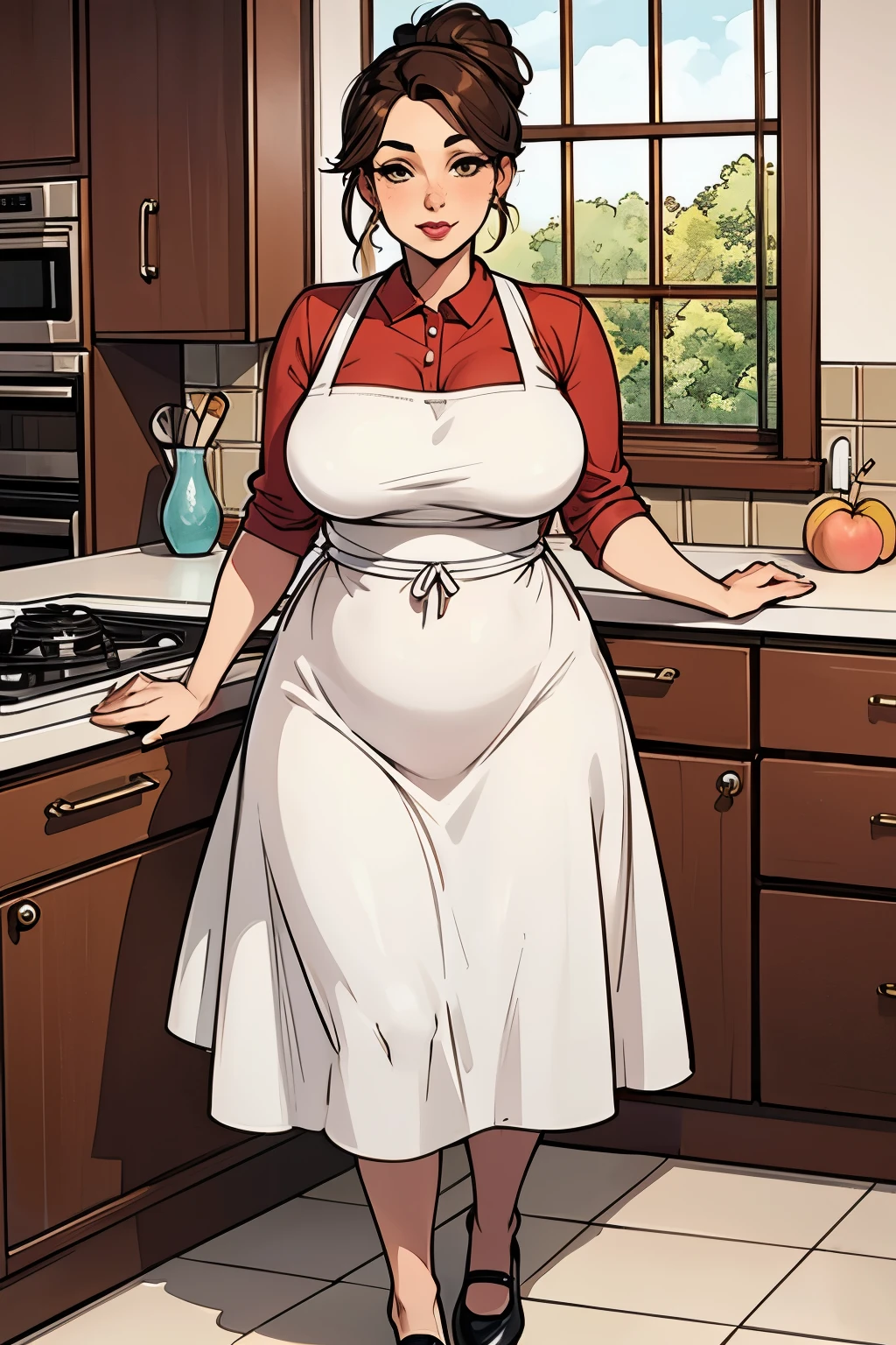 ((best quality)), ((perfect face)), ((adult woman)), ((housewife)), ((milf)), brown hair, hair tied in a low side ponytail, light brown eyes, pale skin, peach lips, huge breasts, wide hips , wide thighs, plump belly, flat shoes, white small apron, yellow dress, soft smile, kitchen, neardy window 