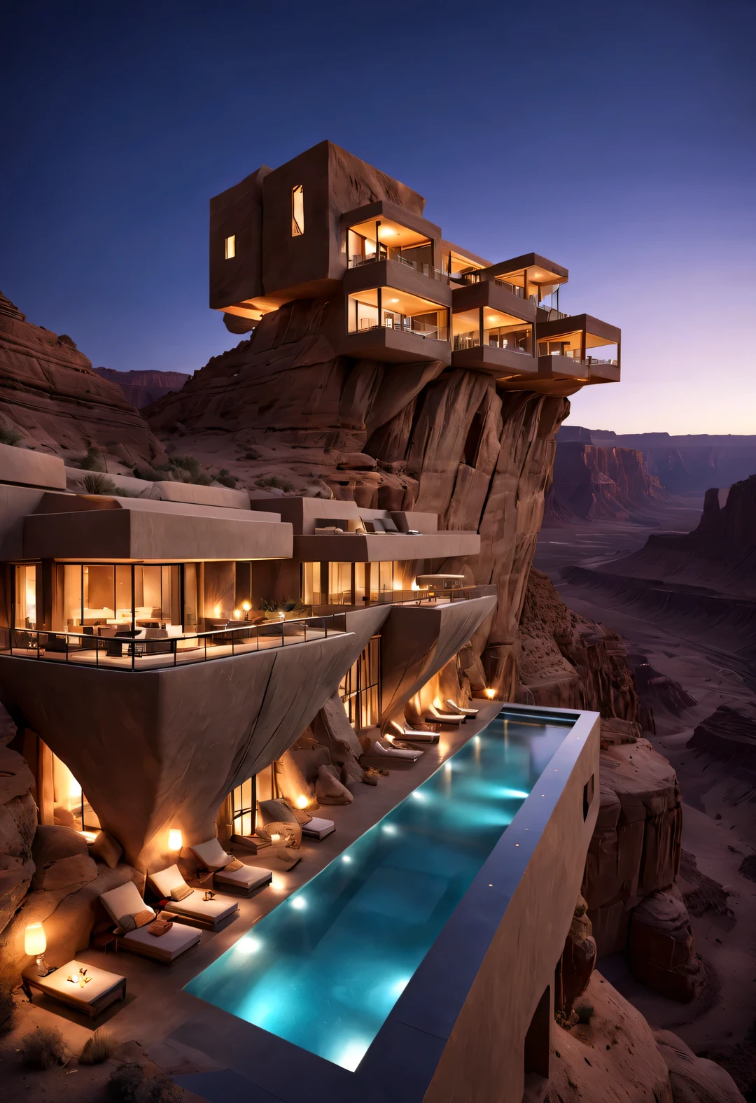 The design of the desert canyon cliff resort wild luxury special-shaped hotel is flying in the sky, the steep and towering desert canyon is asymmetrical.
Symbiosis with the natural environment, desert canyon night, (aurora), stars, sky color
Aurora blooms,,by John Pawson,moonlight,extremely detailed, best quality, masterpiece, high resolution, Hyperrealistic, 8K, top-view,  high angle view,  low angle view,  