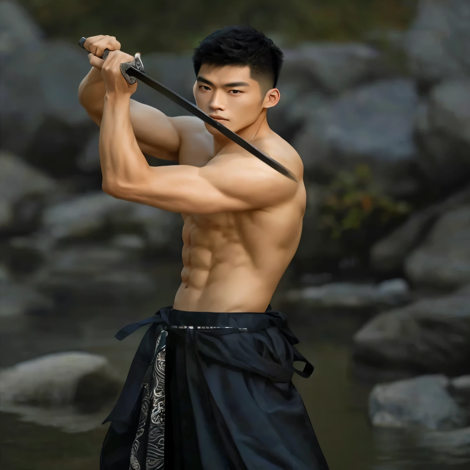 asian man arafed con una espada en un río, delgado pero musculoso, guerrero chino, inspirado en Dai Jin, asian man, inspirado en Guan Daosheng, nanquan, swordsman, hombre surcoreano, guerrero masculino, delgado y musculoso, inspirado por Zhang Han, korean muscle boy 2 1 years, por Liang Kai
