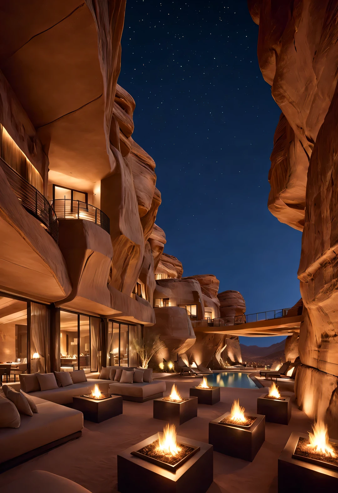 Desert Canyon Cliff Resort Wild Luxury Hotel，The design of buildings flying in the sky，Symbiosis with the natural environment，desert canyon night