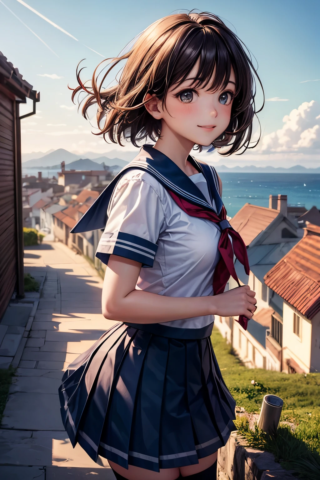 very cute and beautiful school girl viewing sea on hilltop,(highly detailed beautiful face and eyes:1.2),
smile,cowboy shot,seifuku,(pleated navy blue mini skirt),black hair,zettai ryouiki,
(looking at sea,from top of hill),many houses with red roof,detailed landscape,
(best quality,masterpiece:1.2),intricate details,extremely detailed,highres,solo,
dynamic angle,natural lighting,hair fluttering in the wind,beautiful detailed sky,