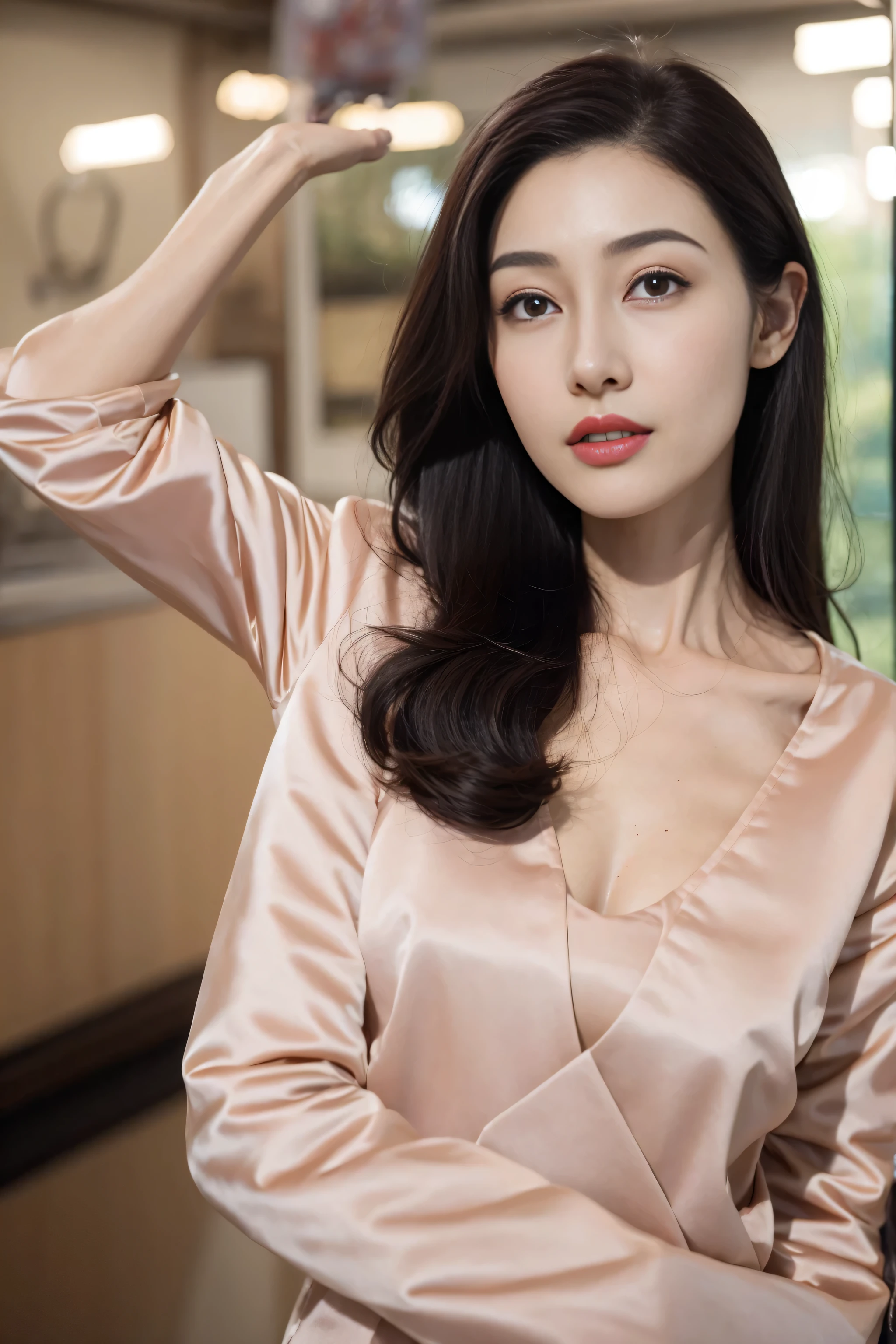 quality、ultra high resolution、(Reality:1.4)、cinematic,charming beauty, look at the audience、Facial details are delicate，Delicate eyes、long hair、thin、charming look、（face close-up），(cosmetic:0.3)、red lips、(Urzan-6500-v1.1:0.3)