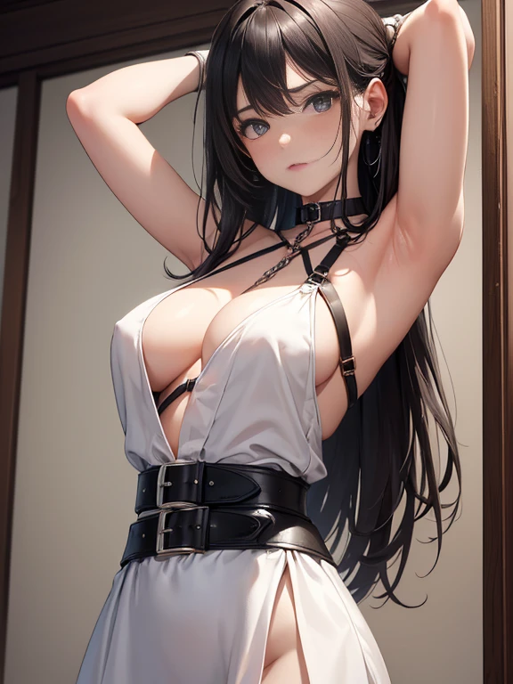 ((masterpiece)), ((best quality)), (ultra-detailed), NSFW, ((torture chamber)),a cute girl, 1girl, solo, (white mini tanktop dress),(chain bound arms), (both hands are bound and is hung from the ceiling),bdsm,shibari,restrained,((thin waist)),(((single belt bound waist))),beautiful black hair, beautiful black eyes, (beautiful eyes), long hair,troubled expression