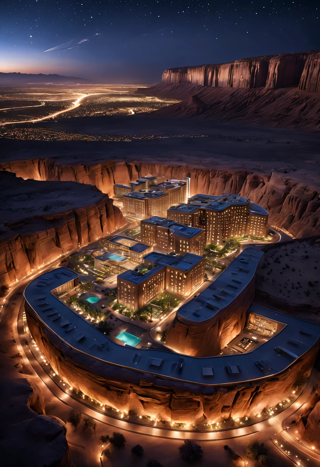 Desert Canyon Cliff Resort Luxury Hotel, the design of buildings flying in the sky, symbiosis with the natural environment, desert Canyon night, aurora, stars, fireworks,by John Pawson,by Rem Koolhaas,moonlight,aerial view, perspective, top-view,  extremely detailed, best quality, masterpiece, high resolution, Hyperrealistic, 8K, top-view,  high angle view,  