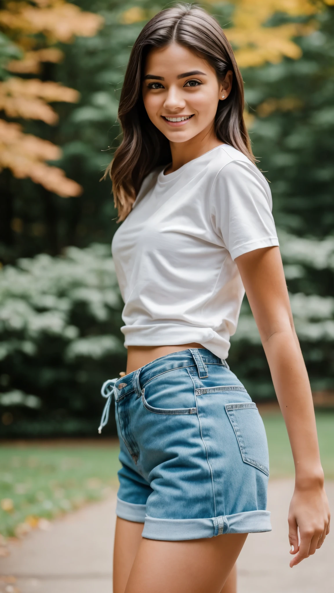 realistic body shot photo of a american smiling woman walking in front of the camera wearing a wearing cotton shorts and a cotton shirt. glamour photoshoot, Central Park, New York, perfect butt, beautiful face, perfect anatomy, fit girl, looking into the camera, walking towards the camera:1.2, strong hip:1.2, wide hip:1.3, 20 yo woman. (Eye makeup:1.1), (highly detailed skin:1.1), RAW, analog style, sharp focus, 8k UHD, DSLR, high quality, Fujifilm XT3, grain, award winning, masterpiece.