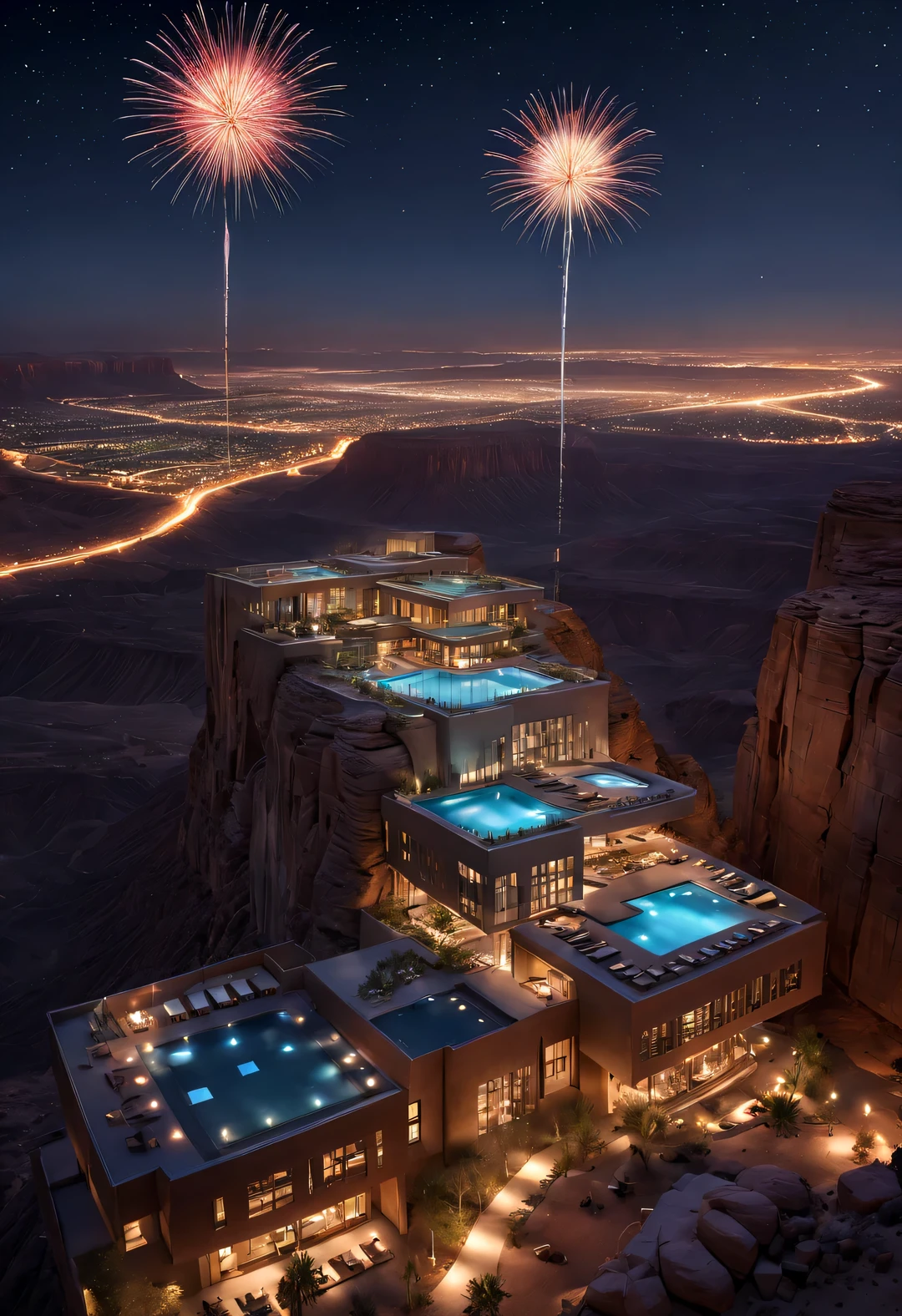 Desert Canyon Cliff Resort Luxury Hotel, the design of buildings flying in the sky, symbiosis with the natural environment, desert Canyon night, aurora, stars, fireworks,by John Pawson,by Rem Koolhaas,moonlight,aerial view, perspective, top-view, extremely detailed, best quality, masterpiece, high resolution, Hyperrealistic, 8K, top-view, high angle view,