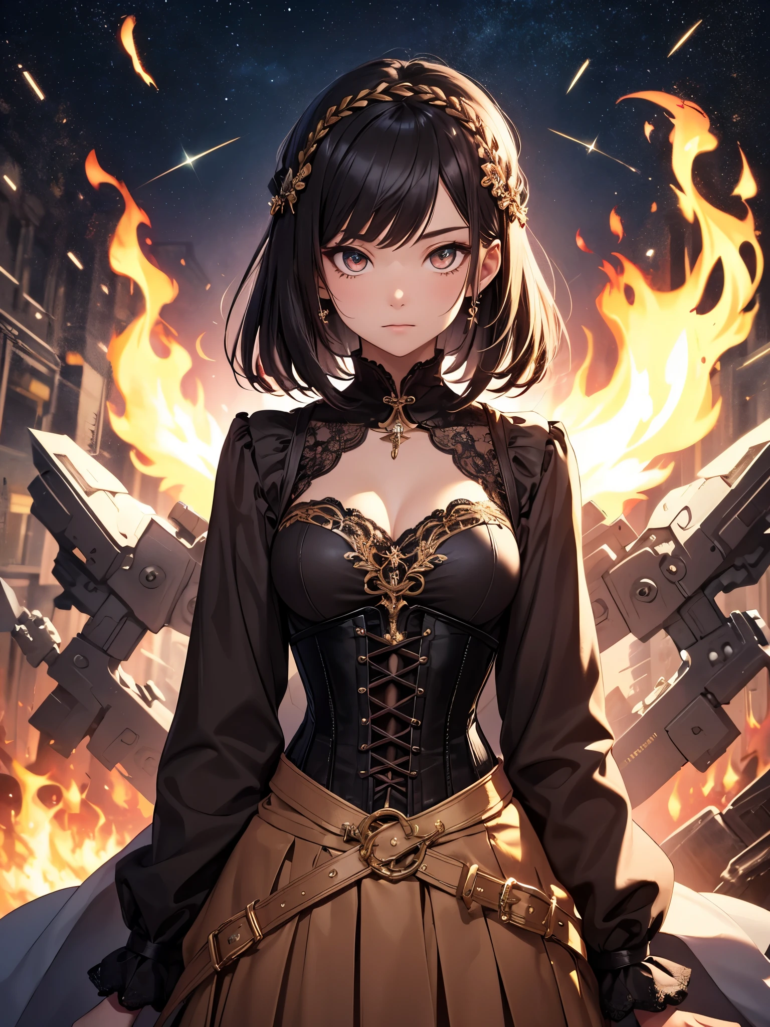 (disorganized, absolute resolution, super detailed、highest quality、masterpiece), 1 girl, goddess of constellations , alone, mature body, baroque, Longer dress, corset、long sleeve, elegant, colorful, best details, upper body whole body , bob cut hair in the front、Braid、hair clip、 . fire eyes . Brave, deliberately, productive, The enterprising face of humanitarian aid .