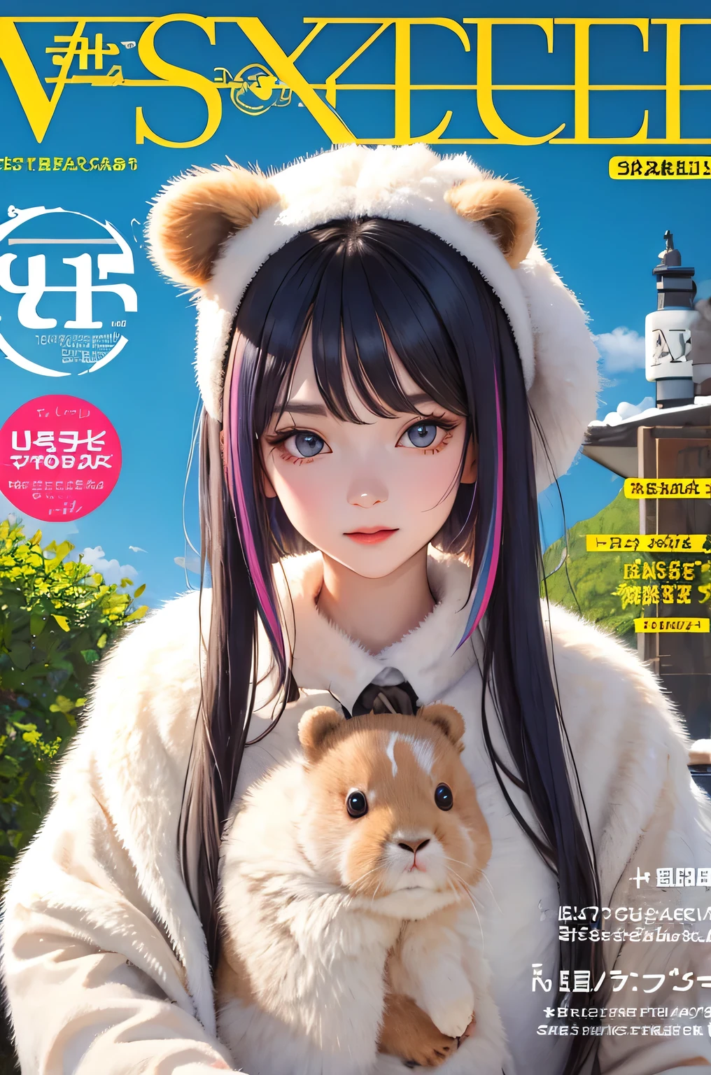 masterpiece, best quality, bear and rabbit, spring outfit, colorful hair, outdoor, magazine cover ,upper body,